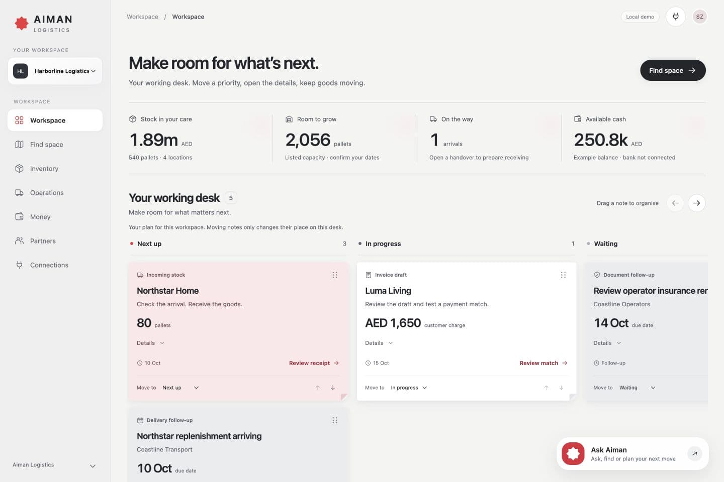 Aiman Logistics dashboard with inventory totals, incoming deliveries and a working desk of follow-ups.