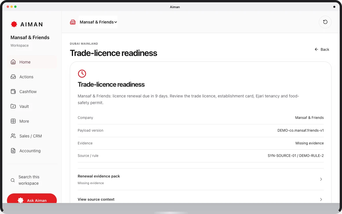 Current Aiman prototype: Next actions, with sample company records.