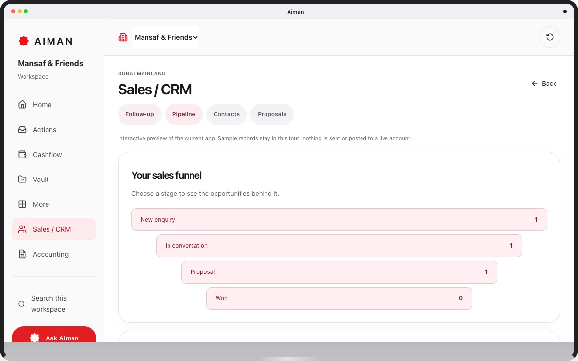 Current Aiman prototype: Sales / CRM, with sample company records.